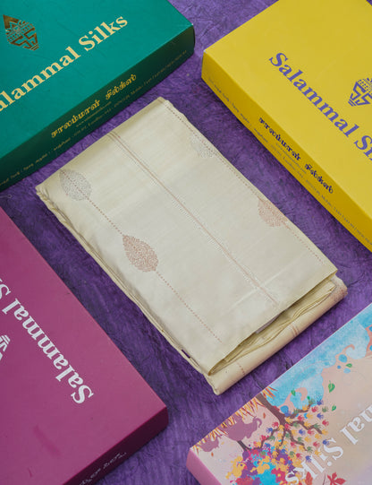 Cream Yellow Fancy Pure Kanjivaram Silk Saree With Contrast Dark Purple Blouse