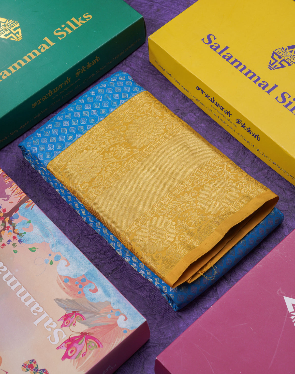Kanjivaram Beautiful Ramar Blue Gold And Silver Daimond Buttas Pure Silk Saree With Mustard Yellow Border