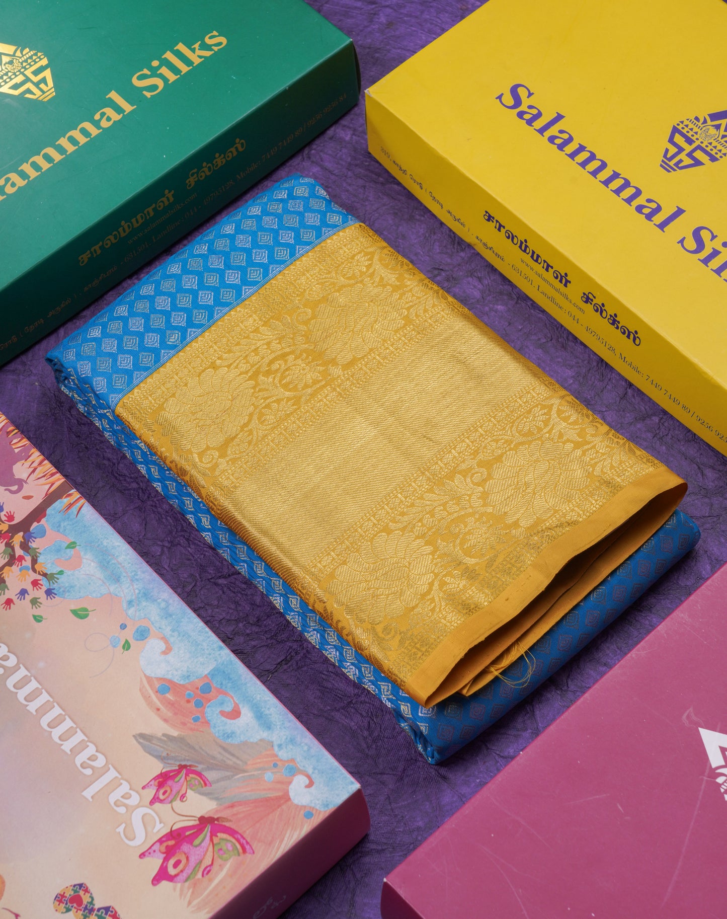 Kanjivaram Beautiful Ramar Blue Gold And Silver Daimond Buttas Pure Silk Saree With Mustard Yellow Border