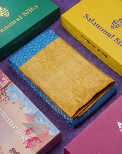 Kanjivaram Beautiful Ramar Blue Gold And Silver Daimond Buttas Pure Silk Saree With Mustard Yellow Border
