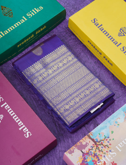 Dual Tone Violet Pure Kanjivaram Silk Saree With Traditional Evening Morning Border