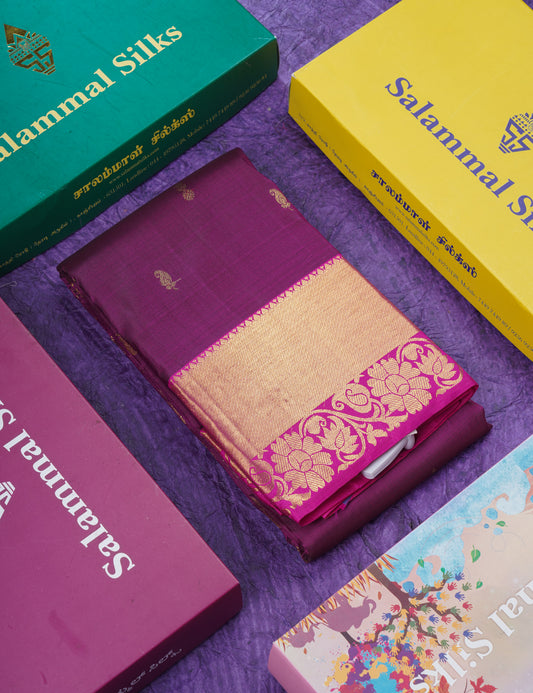 Magenta Pure Kanjivaram Silk Saree With Contrast Pink Evening Morning Border