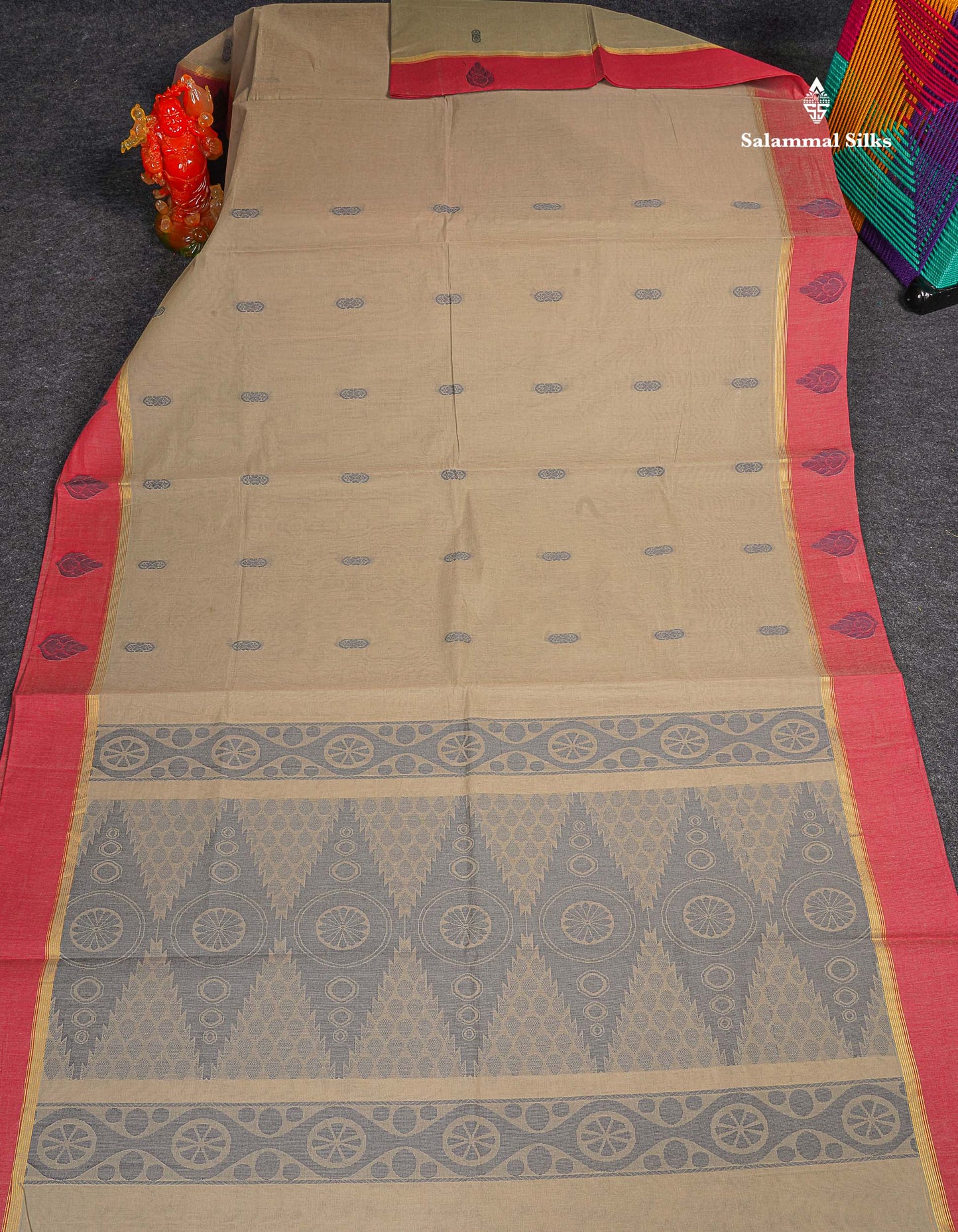 Pure Cotton Saree - Ash Colour Body Thread Butta With Contrast Pink Border