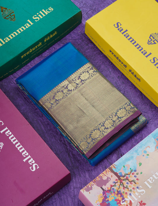 Dual Tone Peacock Blue Pure Kanjivaram Silk Saree With Contrast Dual Tone Magenta Evening Morning Border