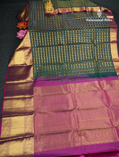 Kanjivaram Bottle Green Checks Silk Saree With Magenta Border