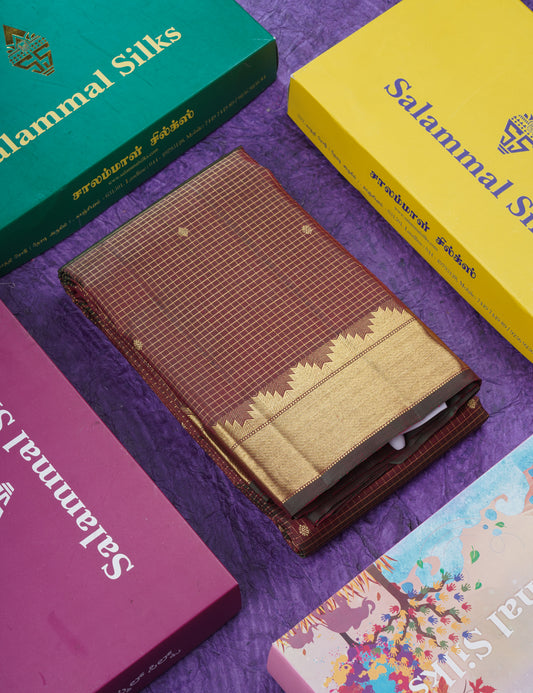 Dual Tone Maroon Tiny Checks Pure Kanjivaram Silk Saree With Traditional Temple Border