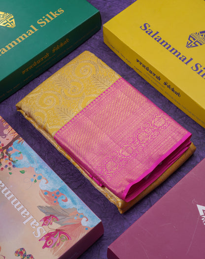 Gold Colour Pure Kanjivaram Tissue Silk Saree With Contrast Pink Border