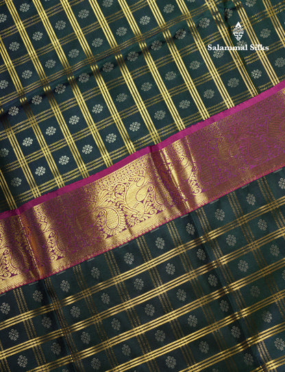 Kanjivaram Bottle Green Checks Silk Saree With Magenta Border