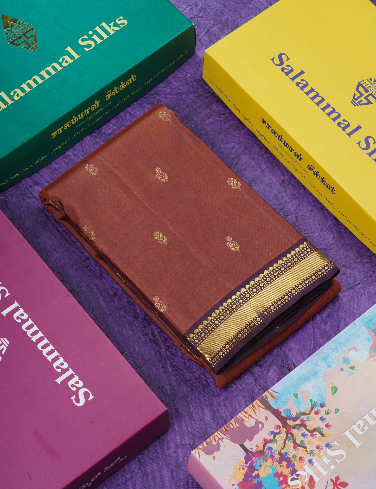 Rust Brown Pure Kanjivaram Silk Saree With Contrast Dark Magenta Traditional Small Border