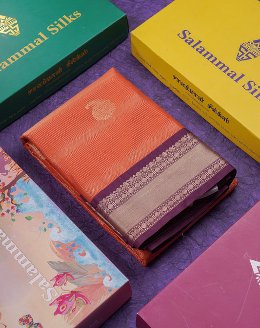 Beautiful Rust Orange Alai Vaira Oosi Lines With Butta Semi Silk Saree With Contrast Magenta Traditional Medium Border