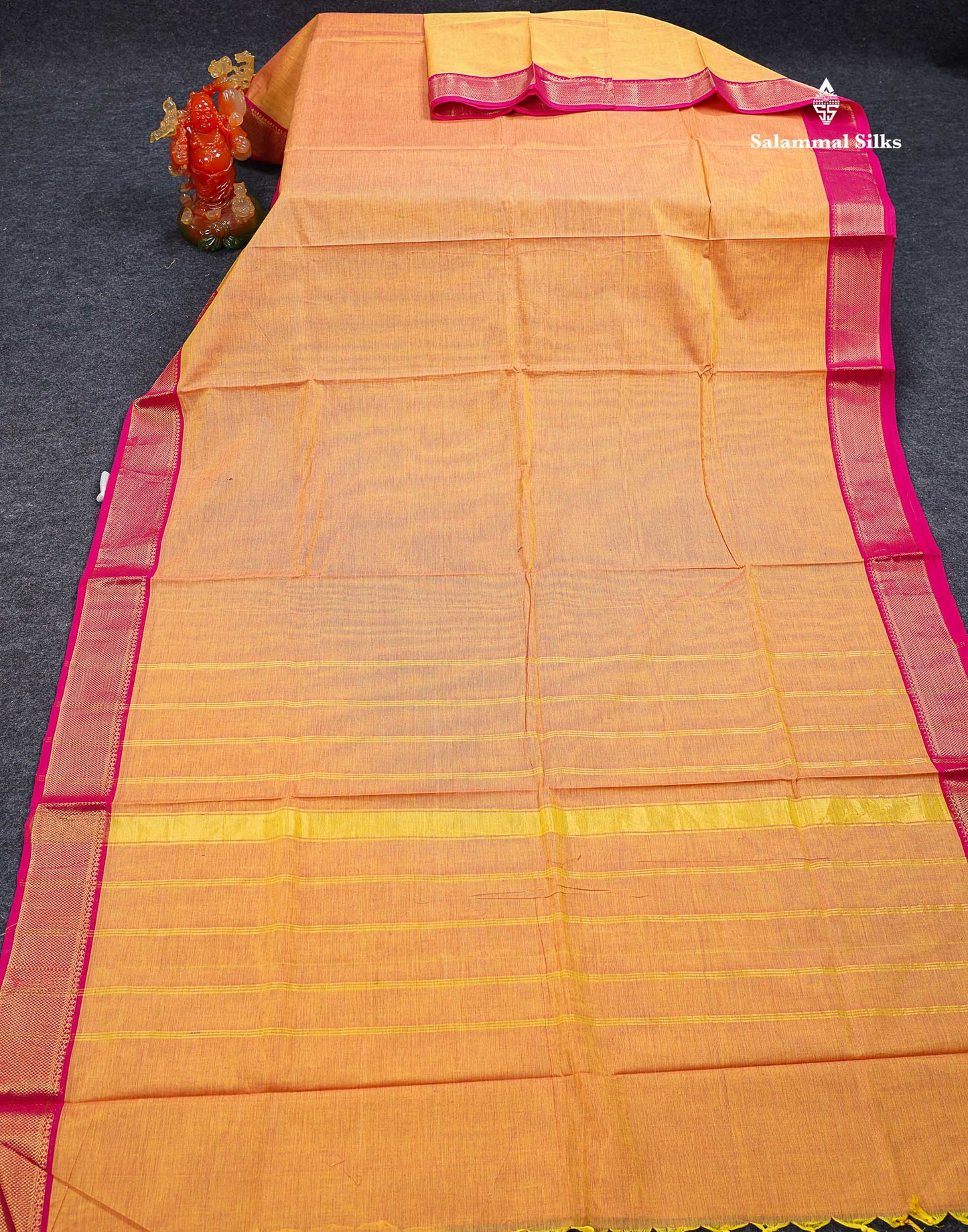 Beautiful Yellow Plain Pure Cotton Saree With Contrast Pink Traditional Border