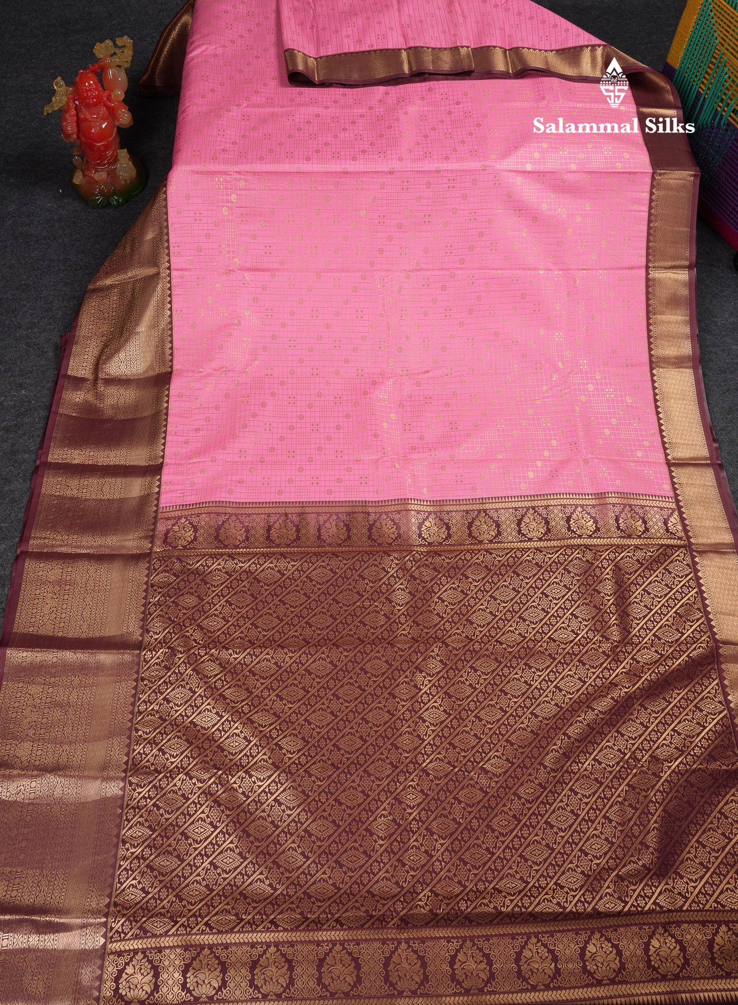 Beautiful Light Pink Small Checks With Butta Semi Silk Saree With Contrast Brown Traditional Evening Morning Border