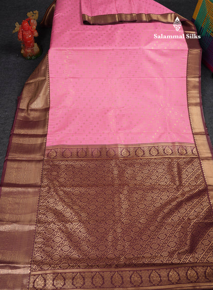 Beautiful Light Pink Small Checks With Butta Semi Silk Saree With Contrast Brown Traditional Evening Morning Border