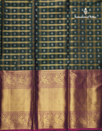 Kanjivaram Bottle Green Checks Silk Saree With Magenta Border