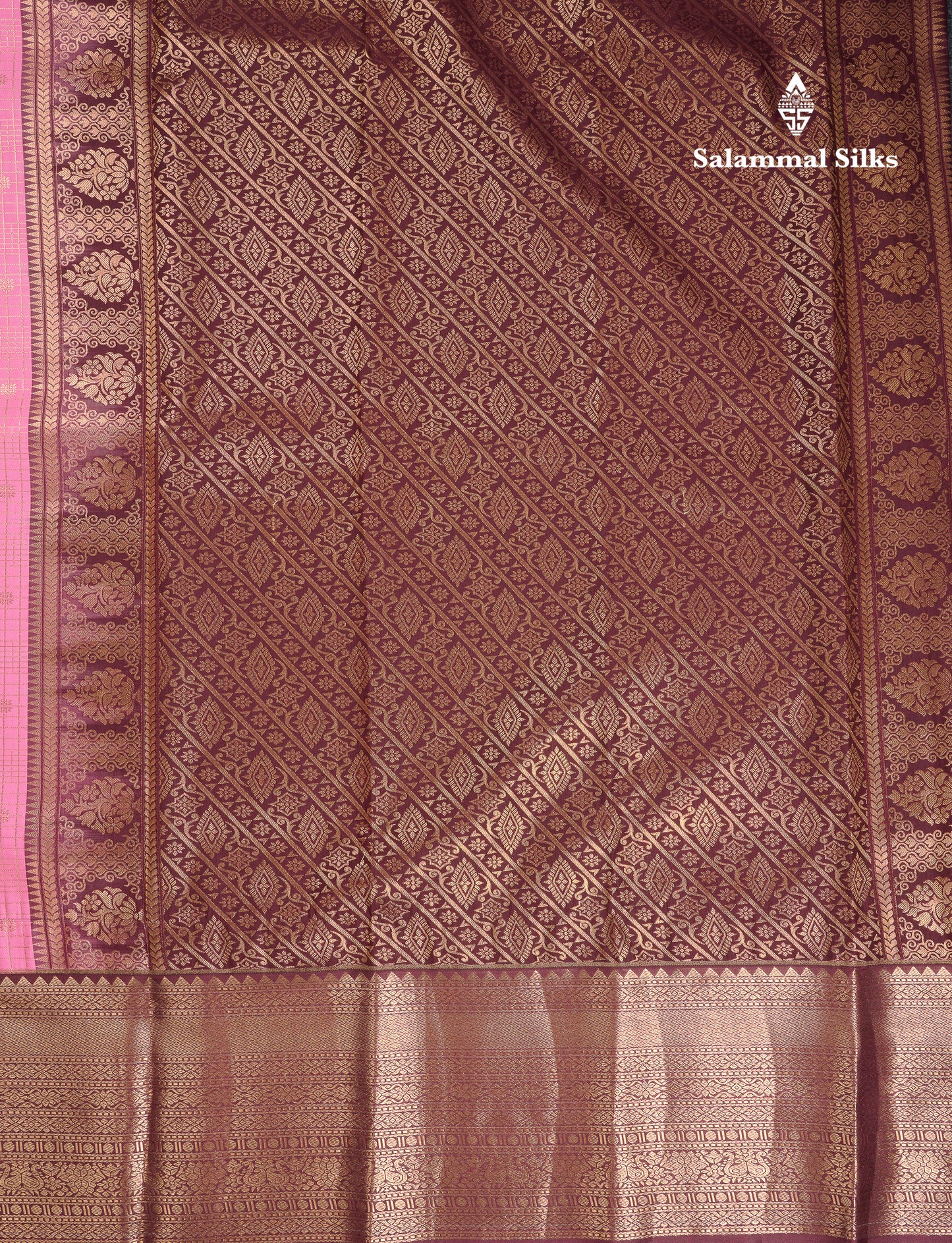Beautiful Light Pink Small Checks With Butta Semi Silk Saree With Contrast Brown Traditional Evening Morning Border