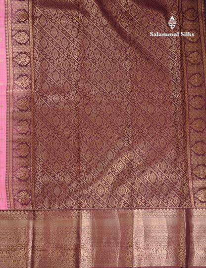 Beautiful Light Pink Small Checks With Butta Semi Silk Saree With Contrast Brown Traditional Evening Morning Border
