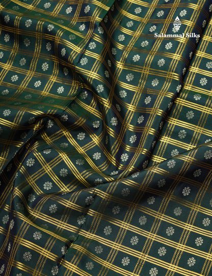 Kanjivaram Bottle Green Checks Silk Saree With Magenta Border