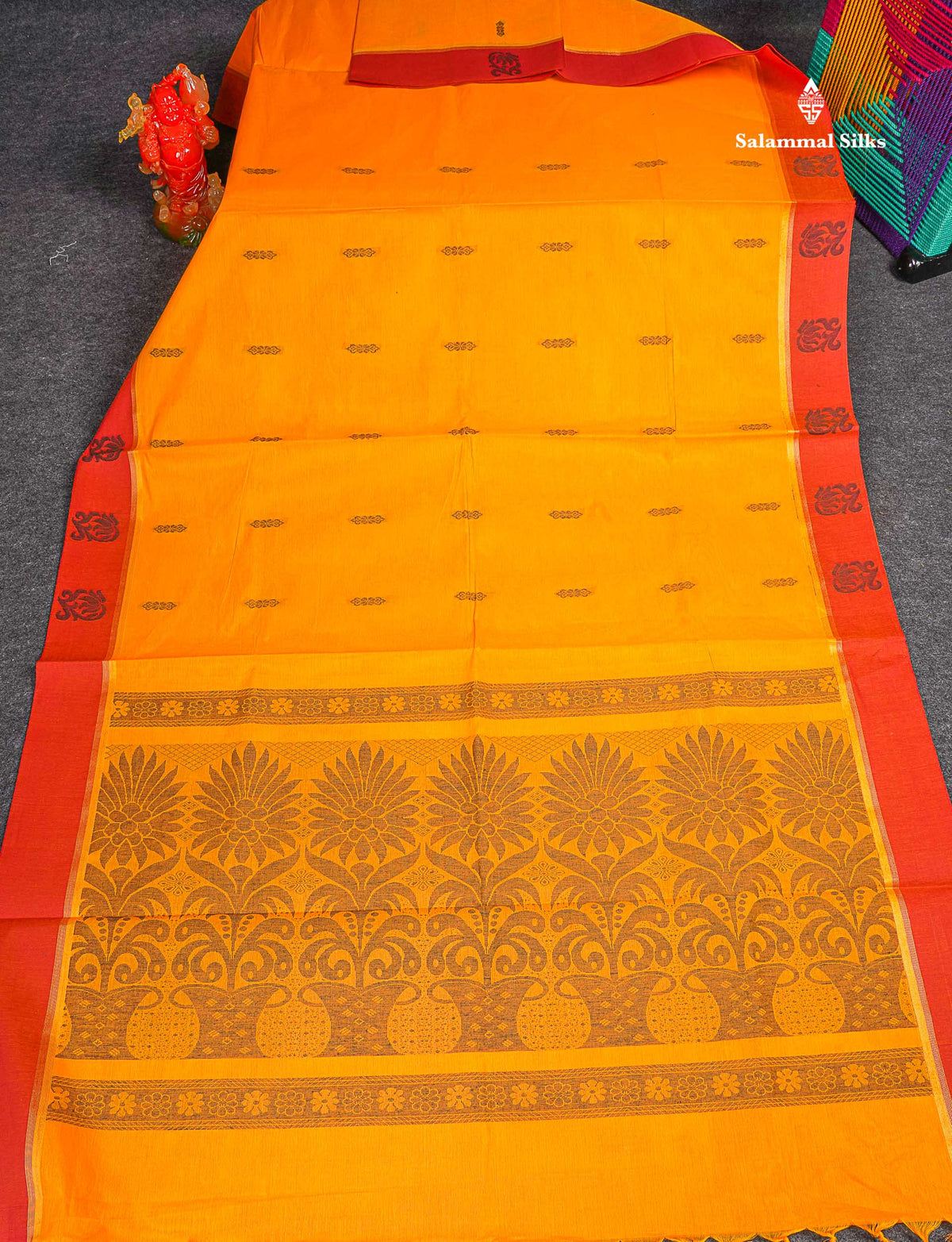 Pure Cotton Saree - Yellow Colour Body Thread Butta With Contrast Maroon Sade Border