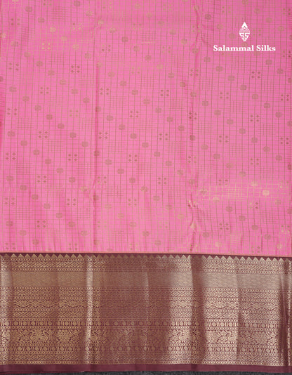 Beautiful Light Pink Small Checks With Butta Semi Silk Saree With Contrast Brown Traditional Evening Morning Border