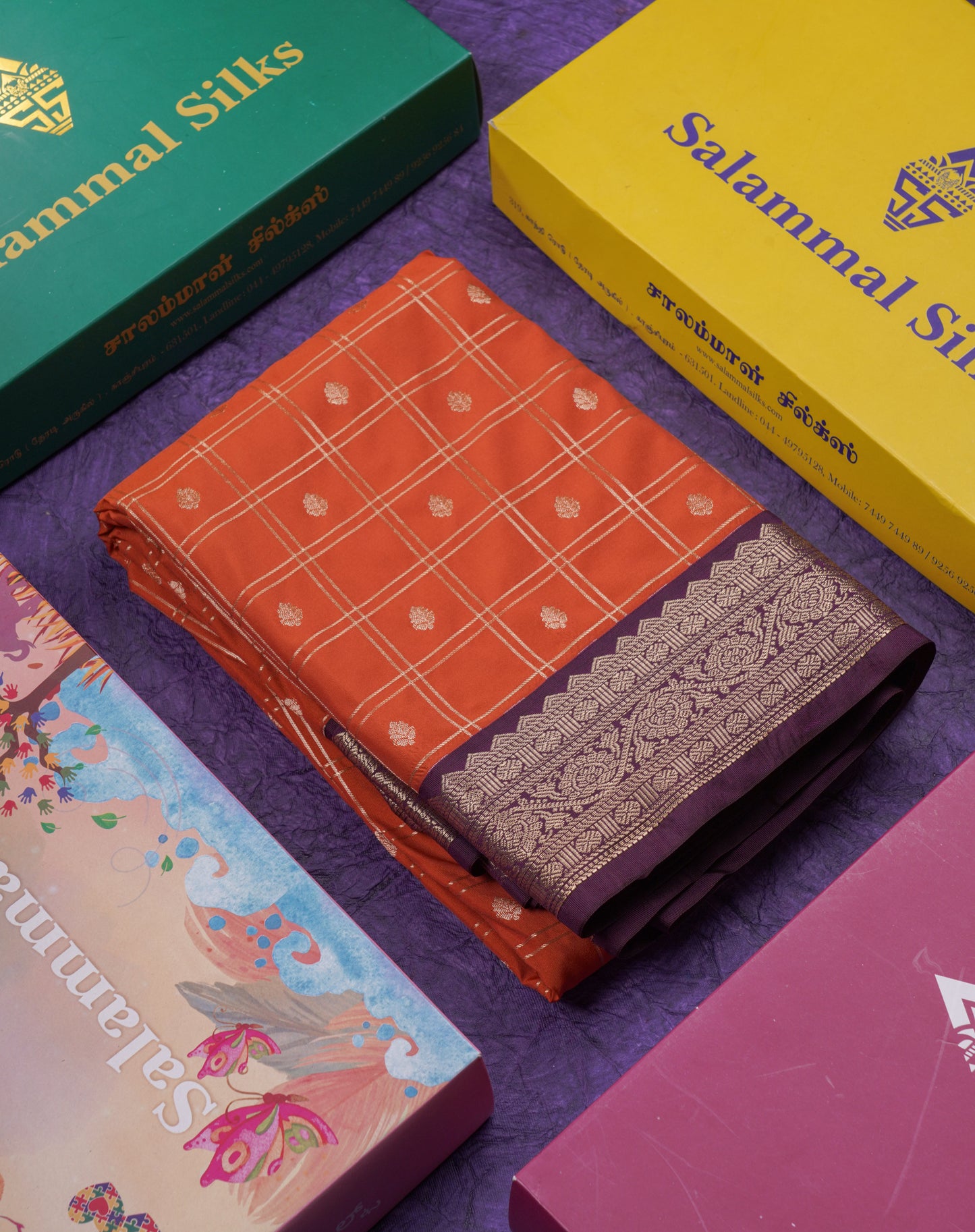 Beautiful Rust Orange Zari Checks With Butta Semi Silk Saree With Contrast Magenta Traditional Medium Border