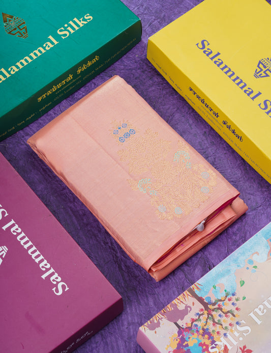 Beautiful Peach Fancy Vairaoosi Menakari Work Pure Kanjivaram Silk Saree with Contrast Pink Blouse