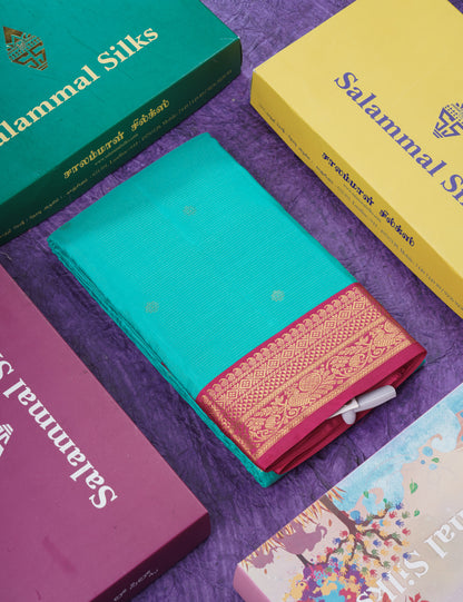 Sapphire Green Vaira Oosi Pure Kanjivaram Silk Saree With Contrast Pink Small Border