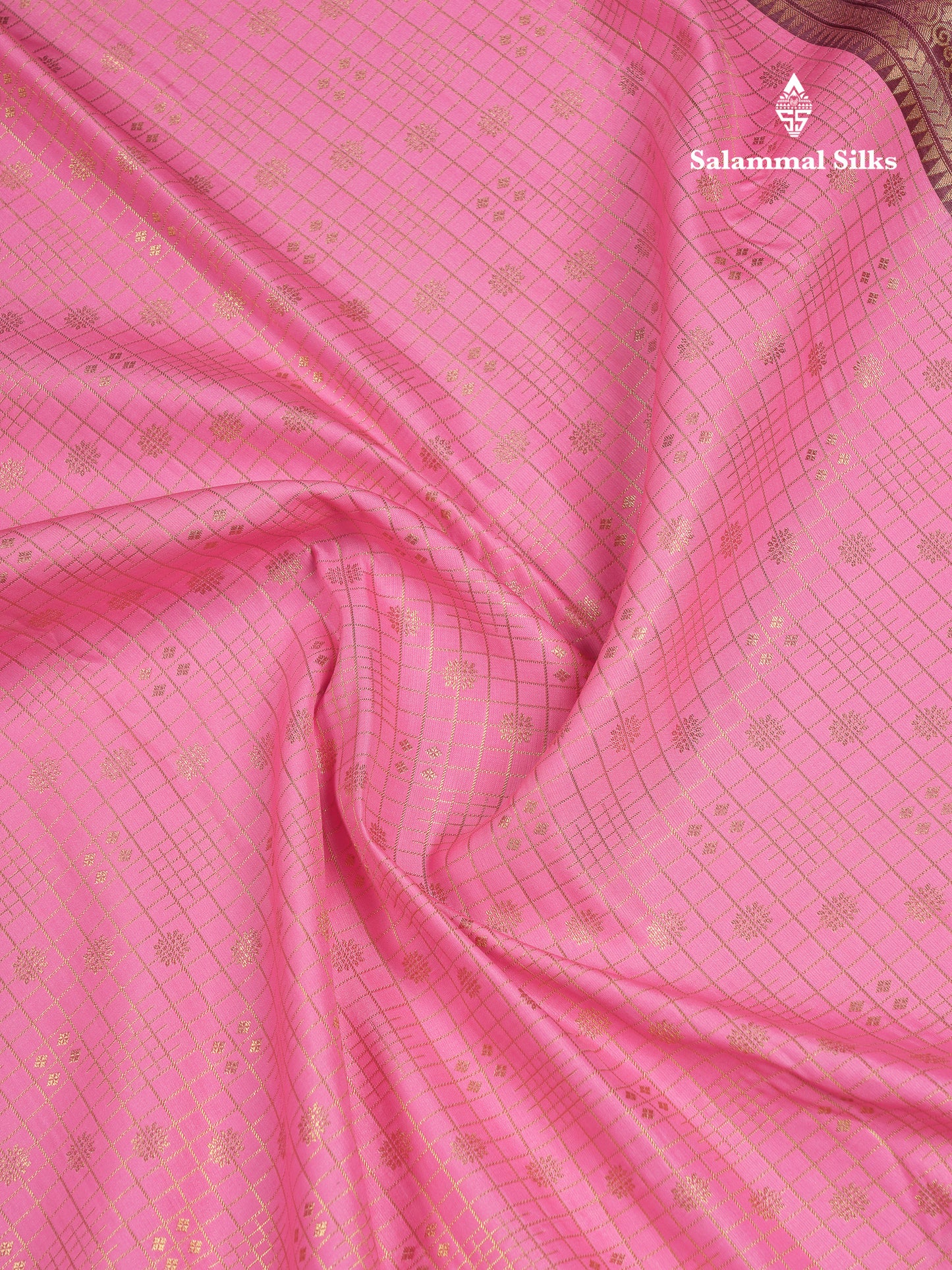 Beautiful Light Pink Small Checks With Butta Semi Silk Saree With Contrast Brown Traditional Evening Morning Border