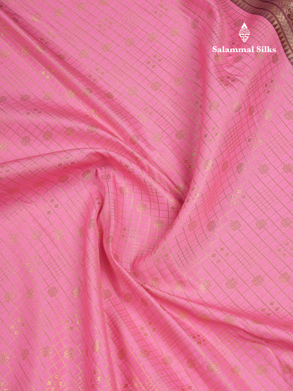 Beautiful Light Pink Small Checks With Butta Semi Silk Saree With Contrast Brown Traditional Evening Morning Border