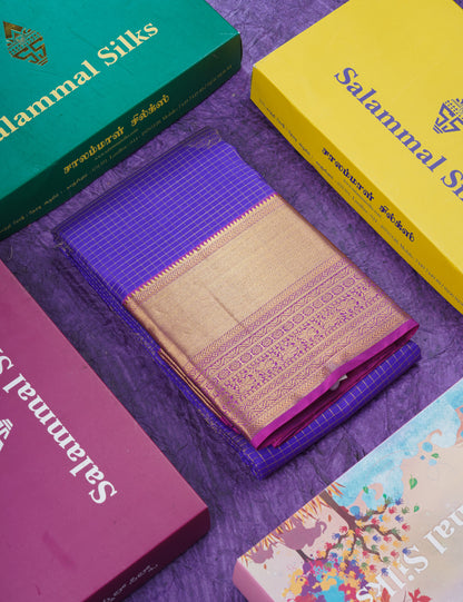 Violet Small Checks Pure Kanjivaram Silk Saree With Contrast Vadamalli Evening Morning Border
