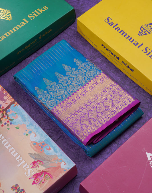 Kanjivaram Beautiful Peacock Blue Gold Zari Lines Pure Silk Saree With Vadamalli Border