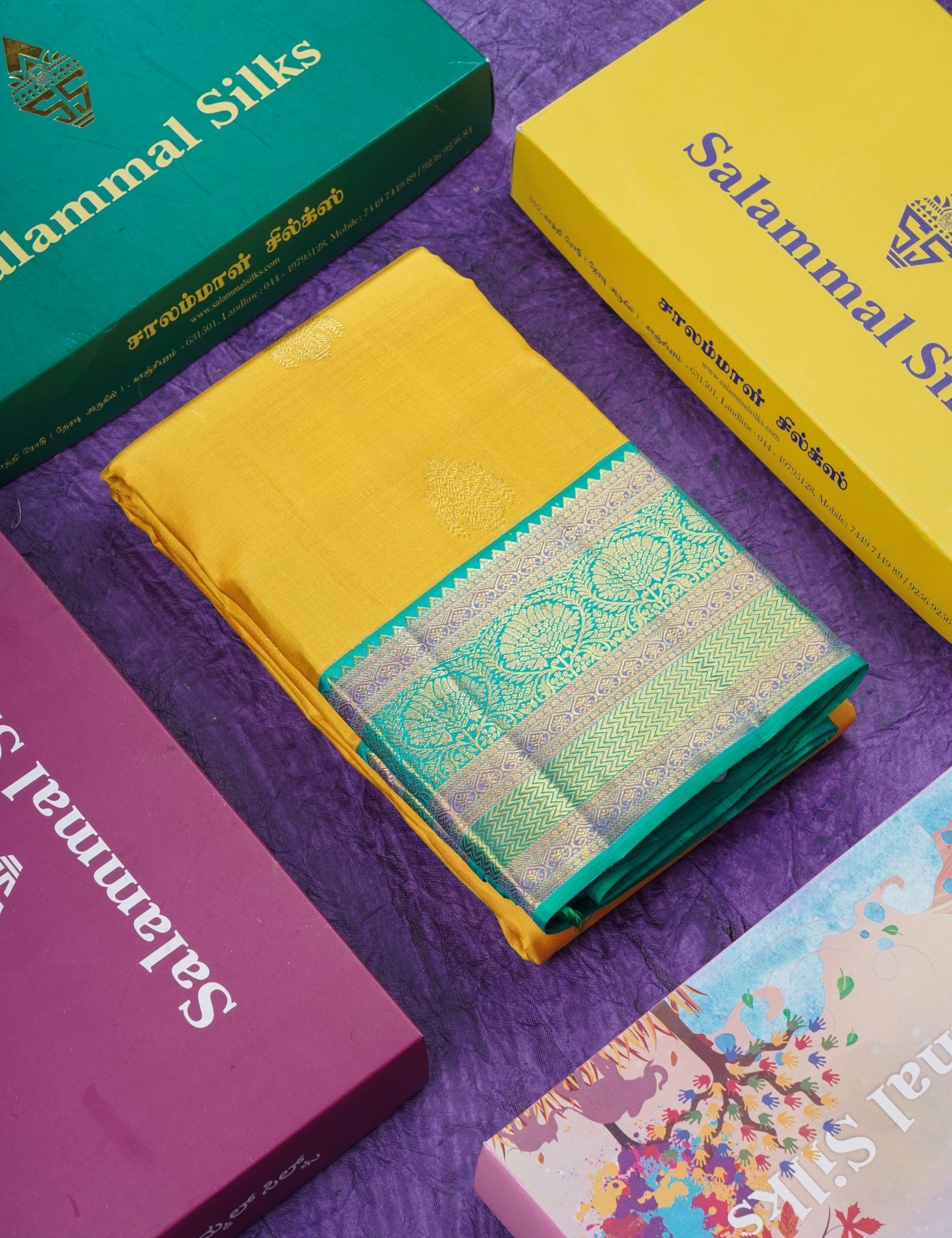 Korvai Yellow Pure Kanjivaram Silk Saree With Contrast Rexona Green Evening Morning Border