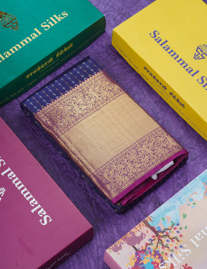 Navy Blue Pure Kanjivaram Silk Saree With Contrast Magenta Traditional Evening Morning Border