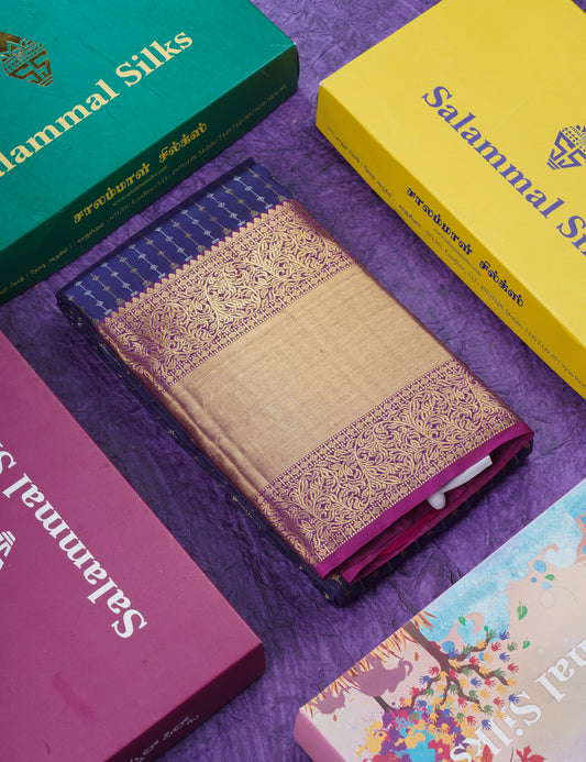 Navy Blue Pure Kanjivaram Silk Saree With Contrast Magenta Traditional Evening Morning Border