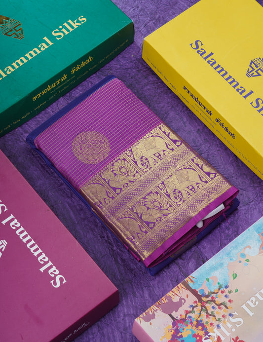 Navy Blue Pure Kanjivaram Silk Saree With Contrast Magenta Traditional Samall Checks With Butta Evening Morning Border