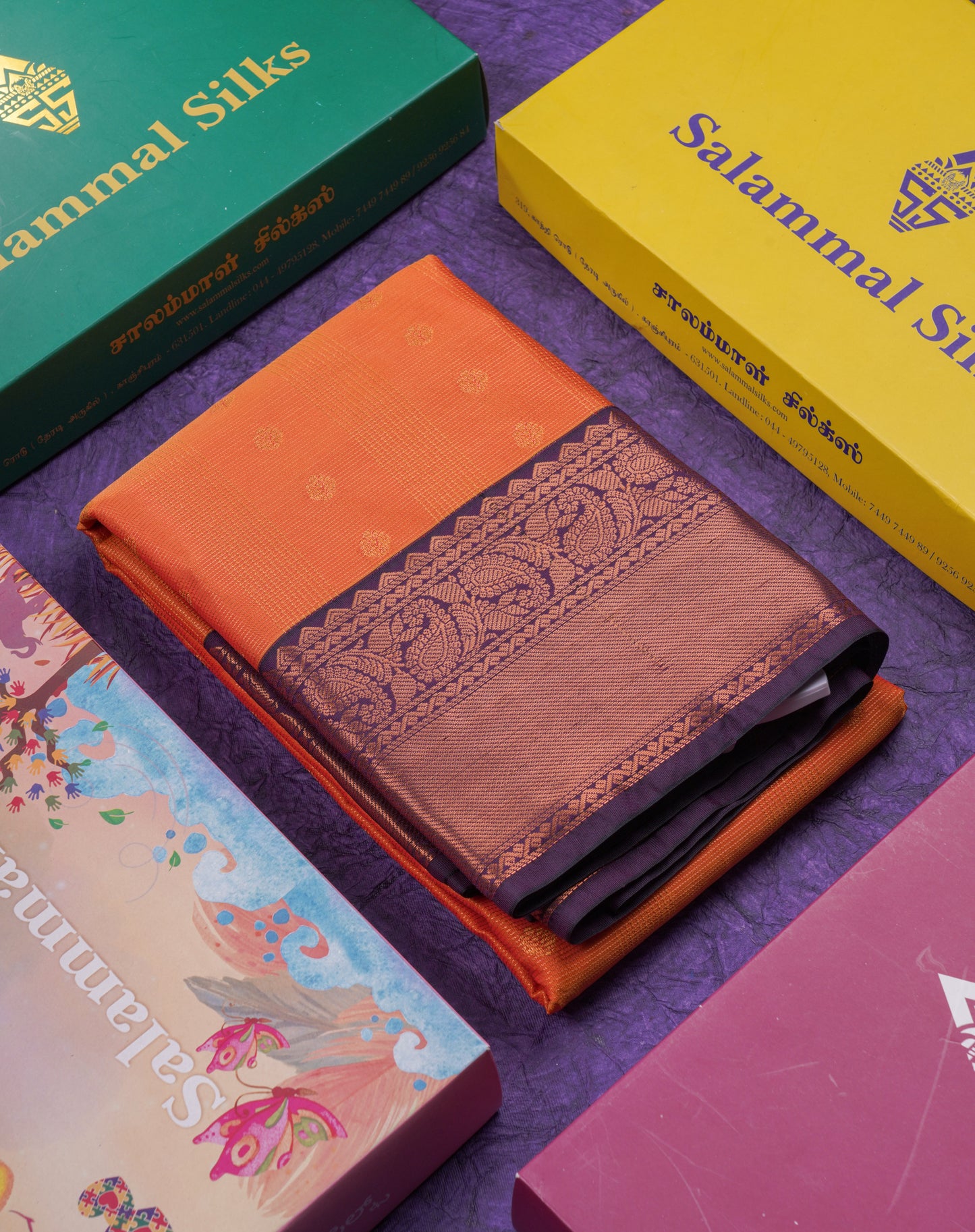 Beautiful Rust Orange Vaira Oosi Lines With Butta Semi Silk Saree With Contrast Dark Purple Traditional Border
