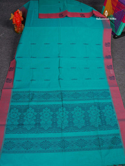 Pure Cotton Saree - Ramar Blue Colour Body Thread Butta With Contrast Pink Border