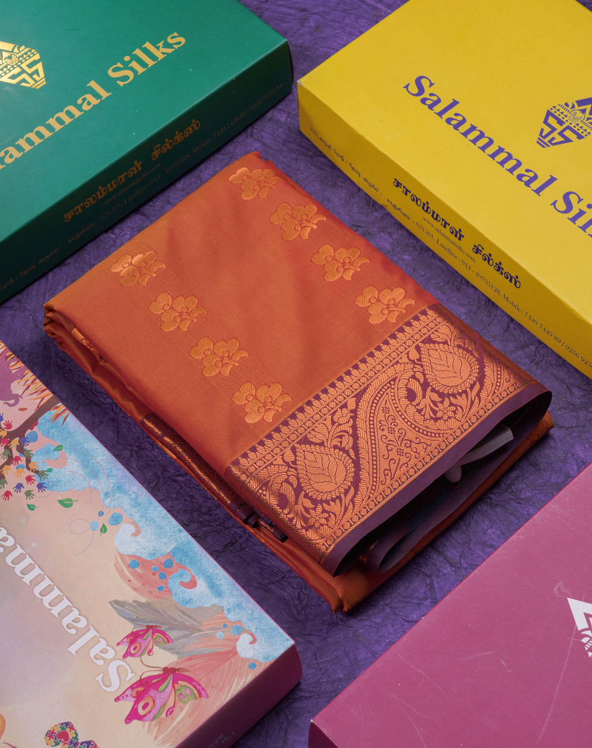 Beautiful Rust Orange Semi Silk Saree With Contrast Magenta Traditional Border