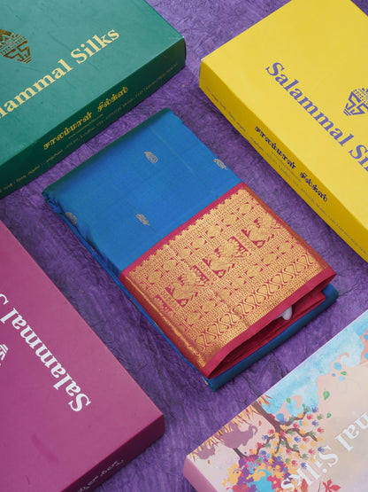 Korvai Dual Tone Peacock Blue Pure Kanjivaram Silk Saree With Contrast Maroon Traditional Border