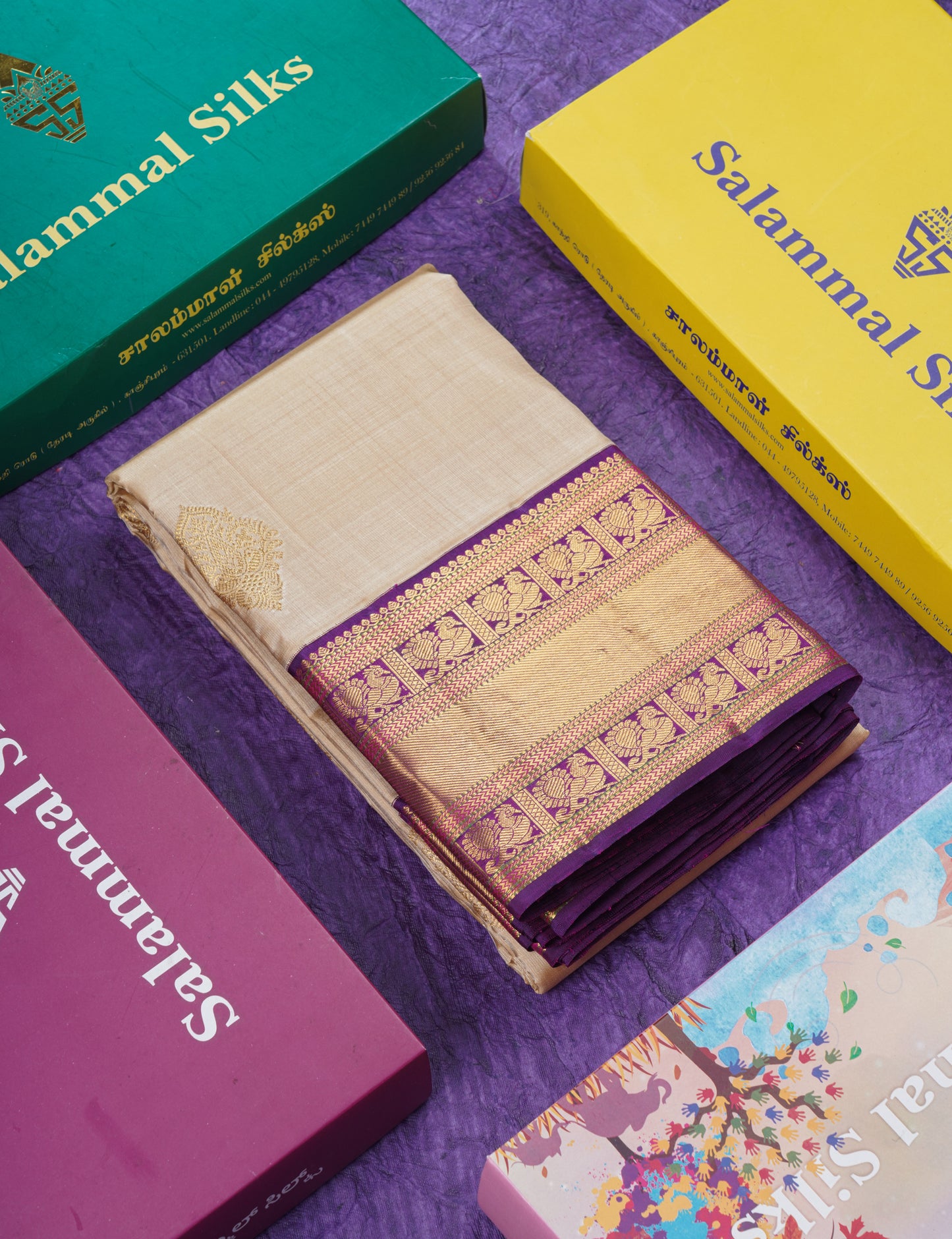 Korvai Beige Pure Kanjivaram Silk Saree With Contrast Dark Purple Traditional Border