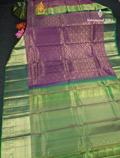 Purple Bridal Korvai Pure Kanjivaram Silk Saree With Contrast Green Border