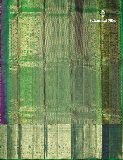 Purple Bridal Korvai Pure Kanjivaram Silk Saree With Contrast Green Border