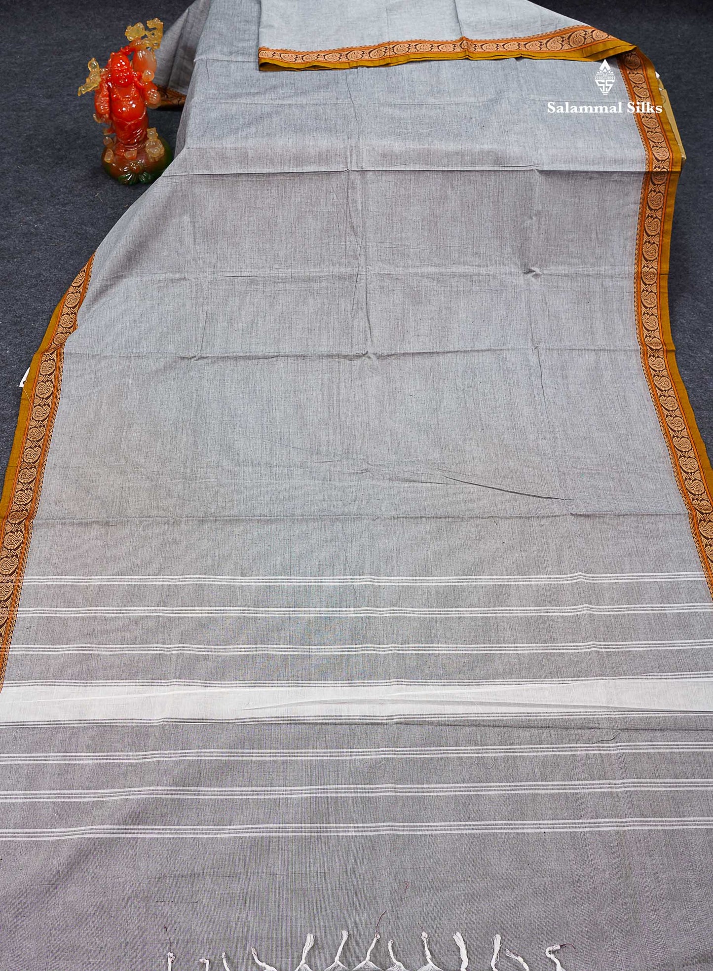 Beautiful Light Grey Plain Pure Cotton Saree With Contrast Mustard Yellow Thread Work Traditional Small Border