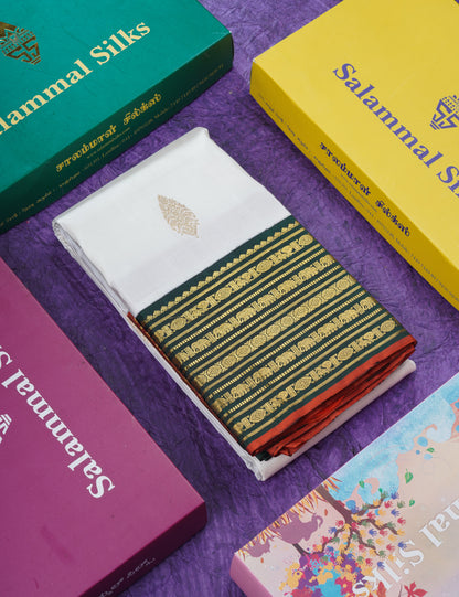 White Pure Kanjivaram Silk Saree With Contrast Ganga Jamuna Traditional Border