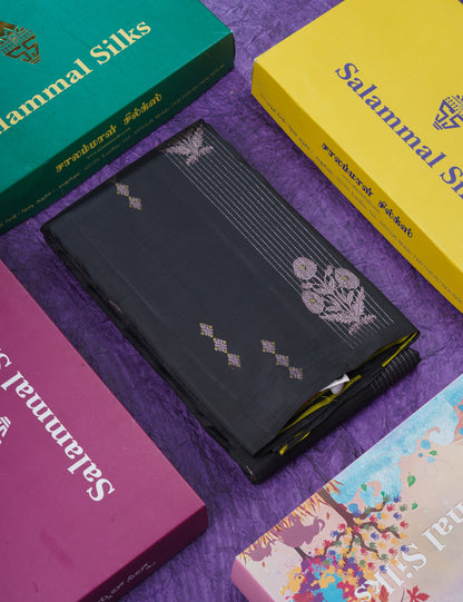 Black Fancy Pure Kanjivaram Silk Saree With Contrast Manthulir Yellow Blouse