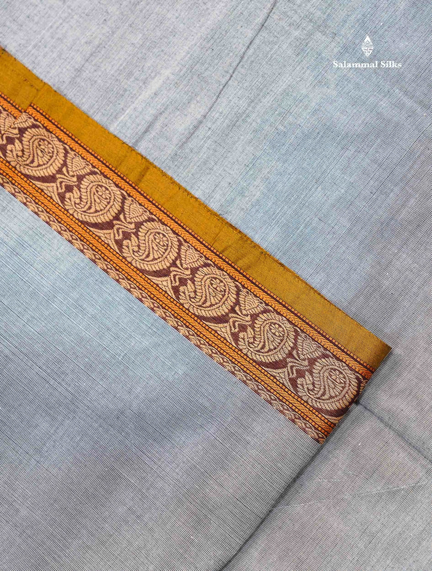 Beautiful Light Grey Plain Pure Cotton Saree With Contrast Mustard Yellow Thread Work Traditional Small Border