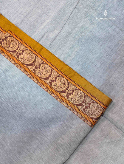 Beautiful Light Grey Plain Pure Cotton Saree With Contrast Mustard Yellow Thread Work Traditional Small Border