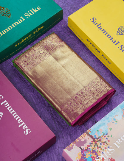 Green Pure Kanjivaram Silk Saree With Contrast Magenta Evening Morning Traditional Border