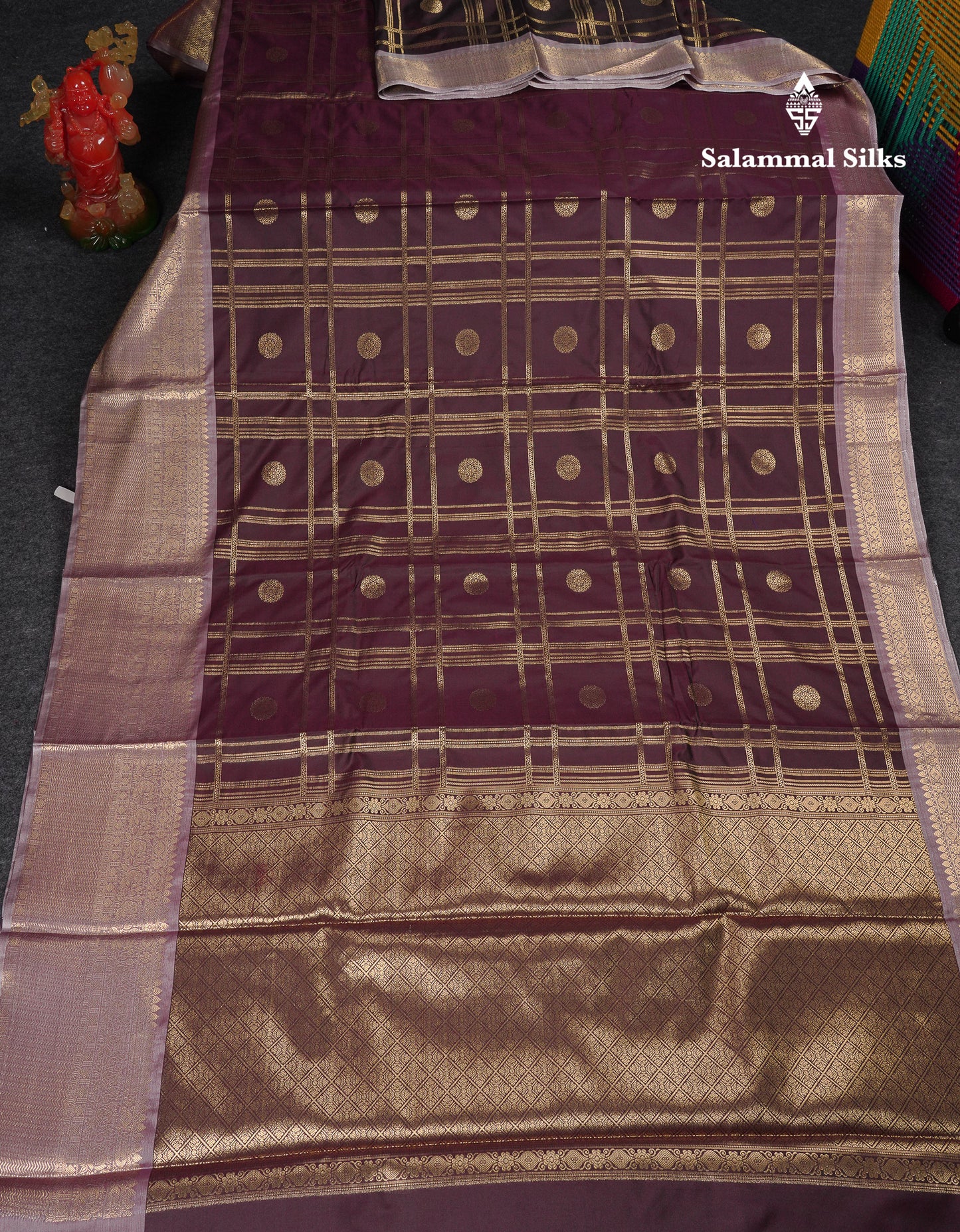 Beautiful Maroon Checks With Butta Cotton Mix Saree With Contrast Dark Peach Traditional Evening Morning Border