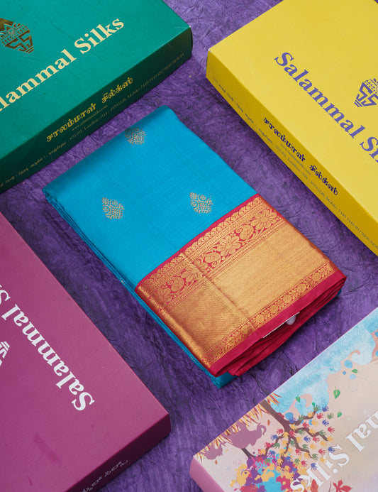 Korvai Ramar Blue Pure Kanjivaram Silk Saree With Contrast Reddish Maroon Border