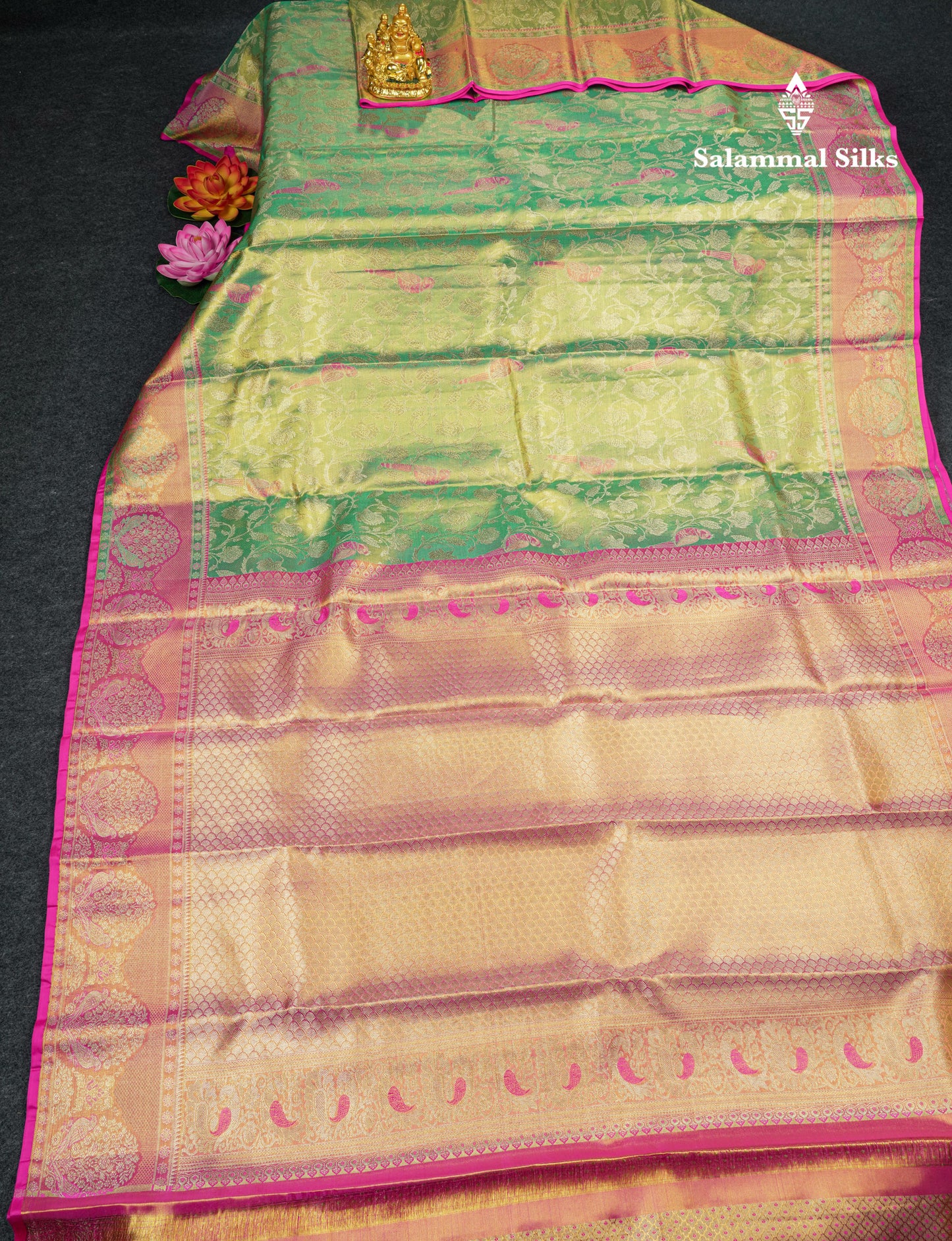 Rexona Tissue Bridal Pure Kanjivaram Silk Saree With Pink Paithani Border